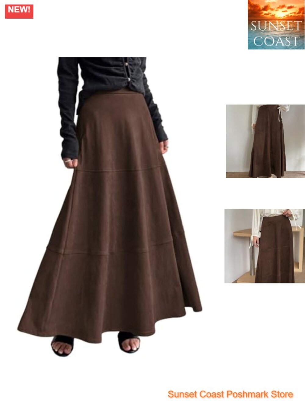 Faux Suede High Waisted A Line Maxi Long Skirt Ruffle Wear to Work